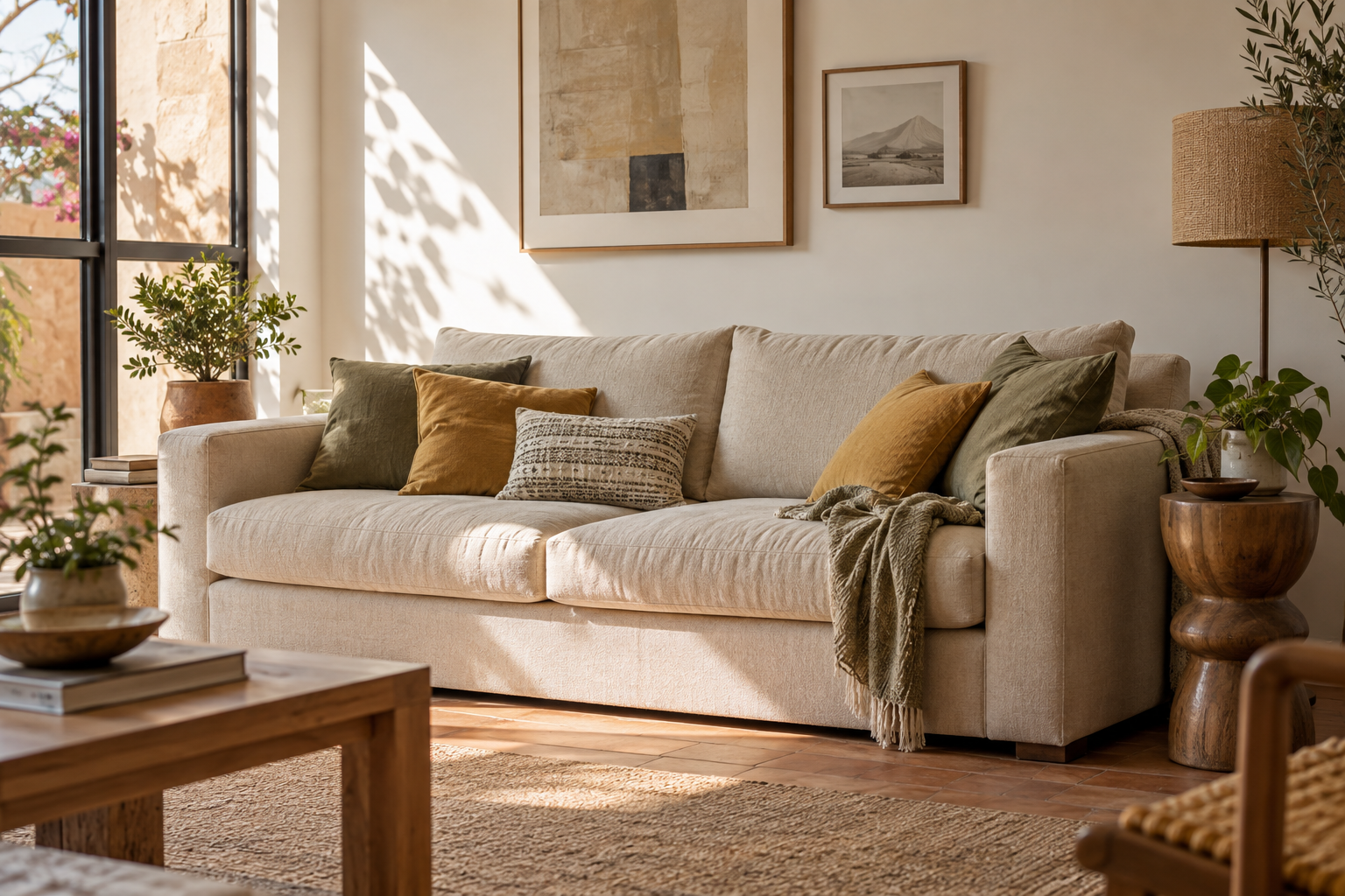 Sala con sofá de tela y luz natural
